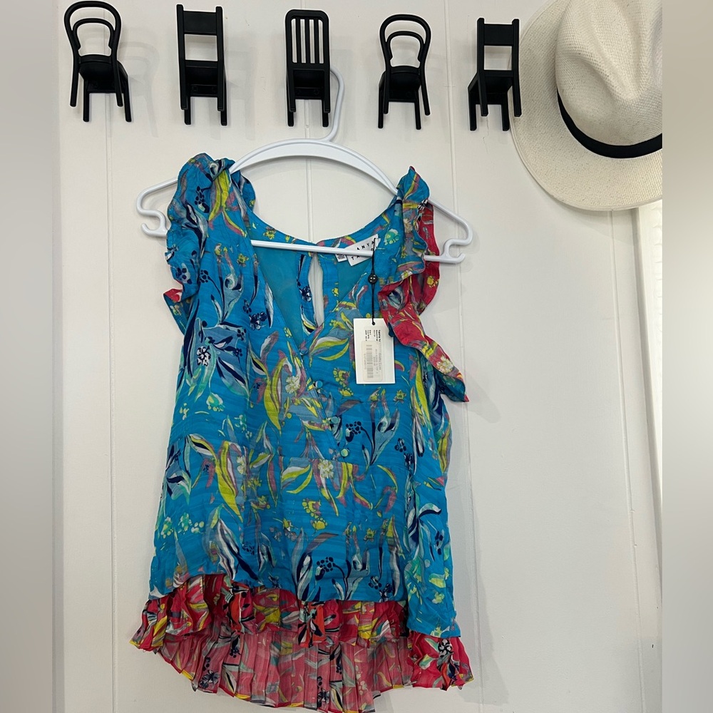 Tanya Taylor Asymmetrical Flutter Sleeve Blouse Blue and Pink
